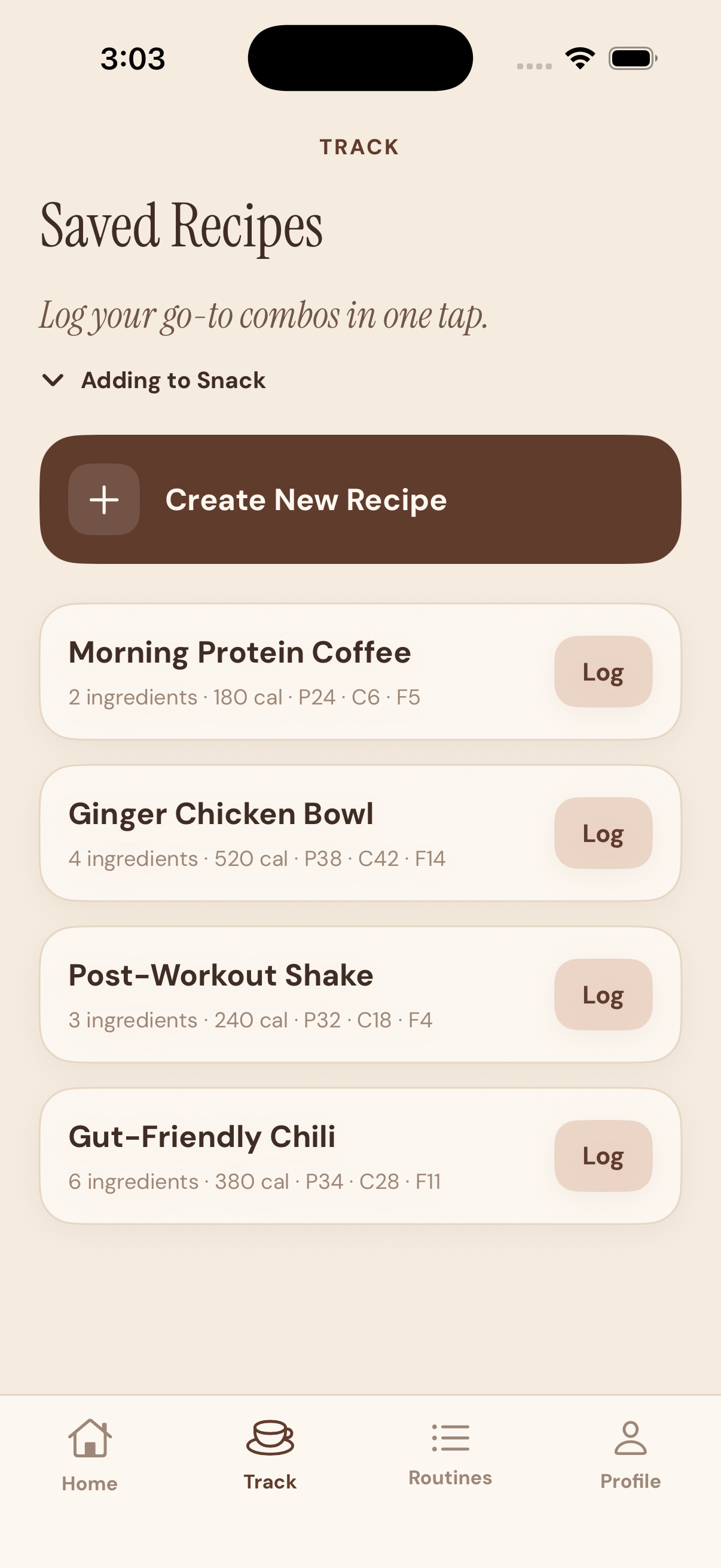 iPhone app showing saved recipes with quick logging