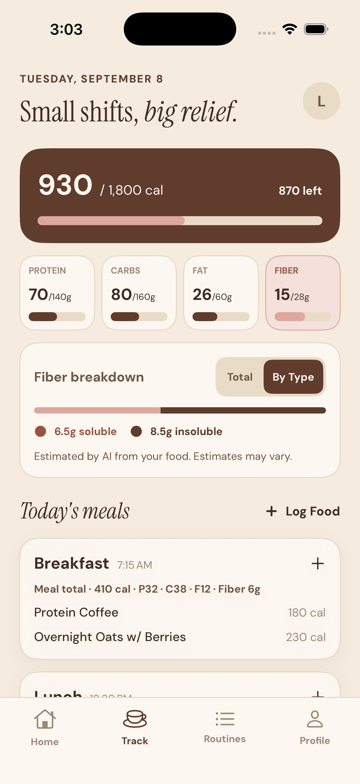iPhone app showing daily nutrition, fiber breakdown, and meals